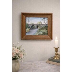 Vintage Original Landscape Oil Painting Of Stone Bridge By Reney Wood Frame
